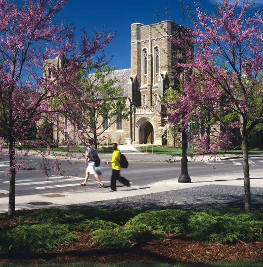 Flowering spring trees outside Anabel Taylor Chapel