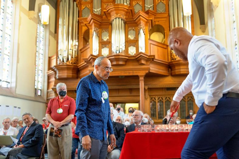 Service gathering inside Anabel Taylor Chapel